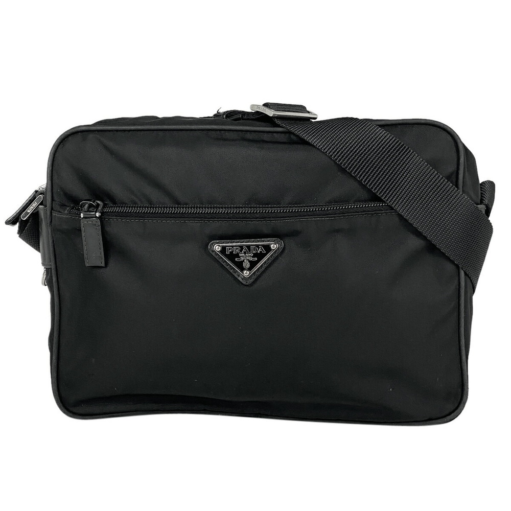 Prada Logo Plate Shoulder Bag Crossbody Tessuto Nero Black